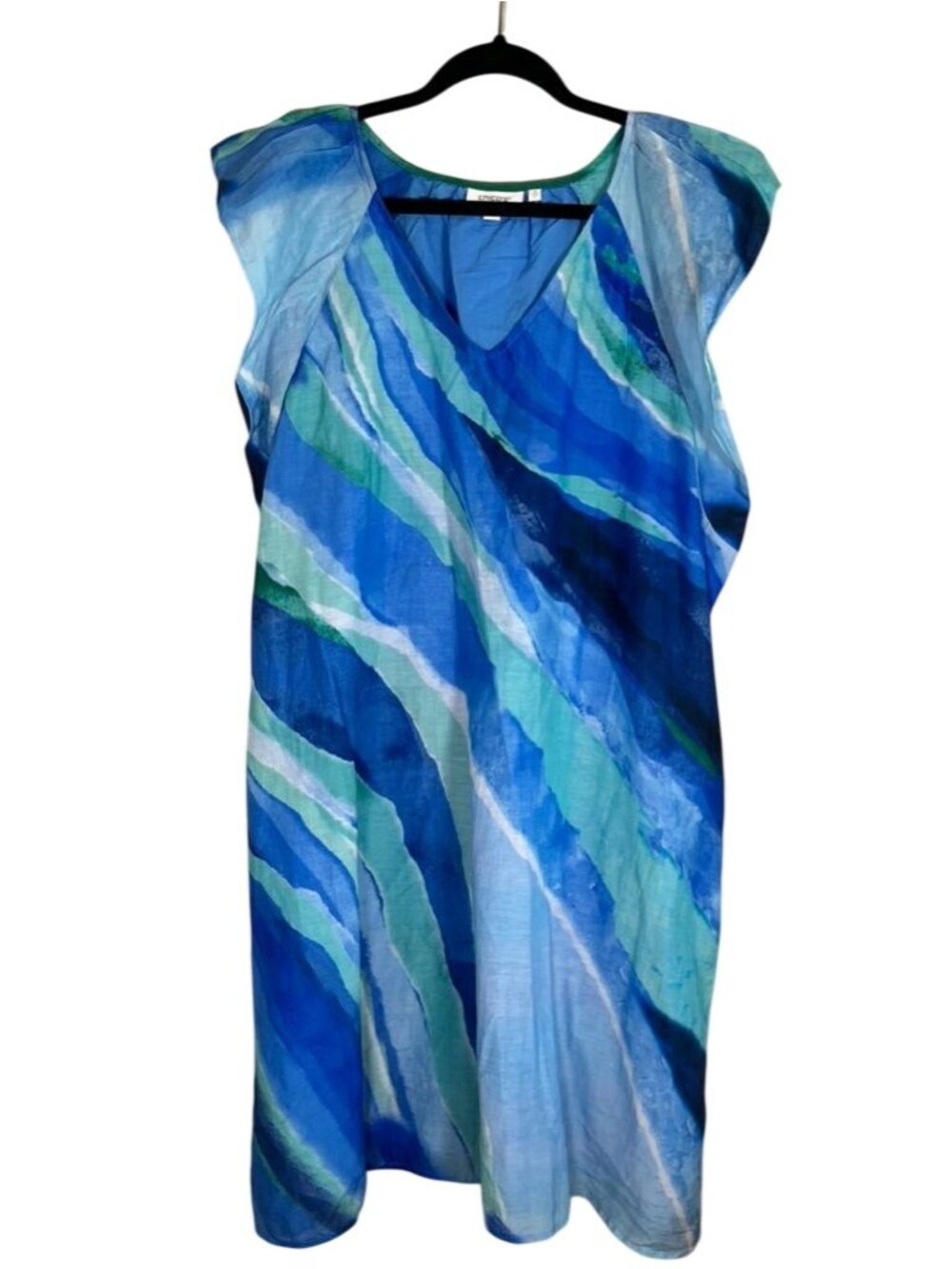 Colorful Silk Dress Blue L Resort Preppy Tropical Striped Watercolor Artsy Chic